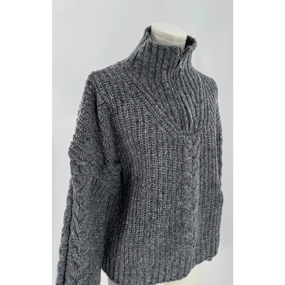 PrAna Womens Gray Cableknit Sweater Wool Blend Mock Neck 1/4 Zip M Cabincore - Picture 2 of 11